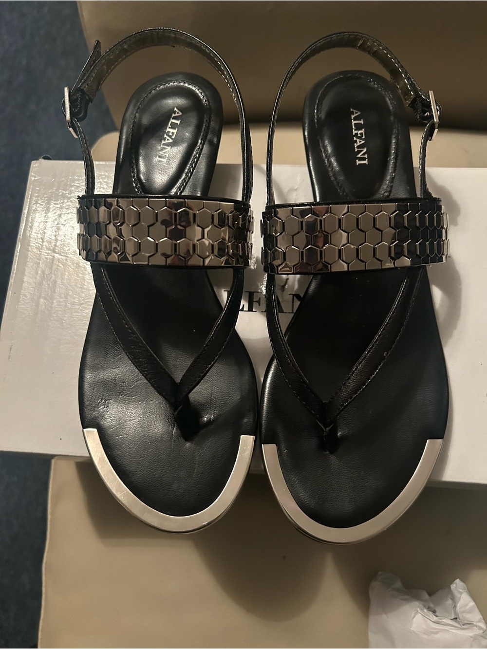 “REASONABLE OFFERS”! “ALFANI” Black & Silver Hex-Accent Slingback Sandals 🖤